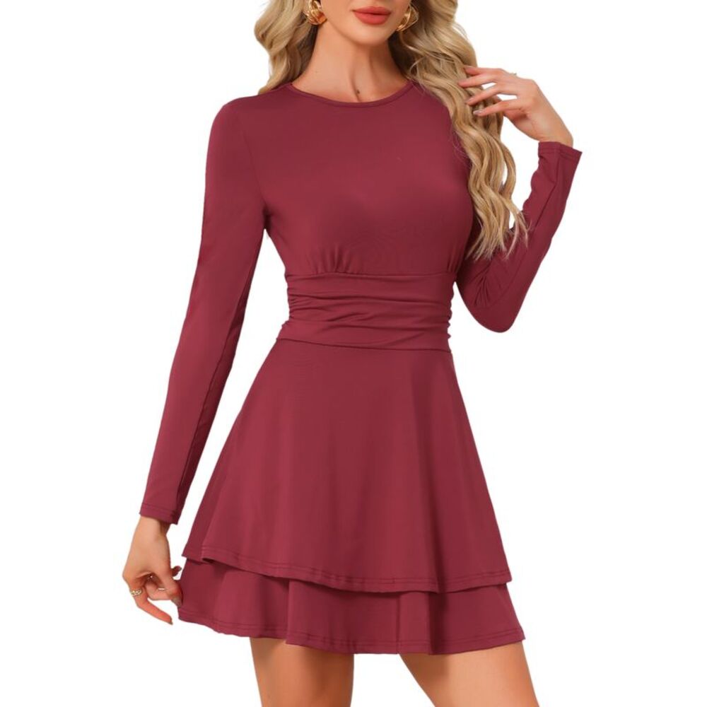 Women Crew Neck High Waisted Mini Dresses Long Sleeve Dress Red